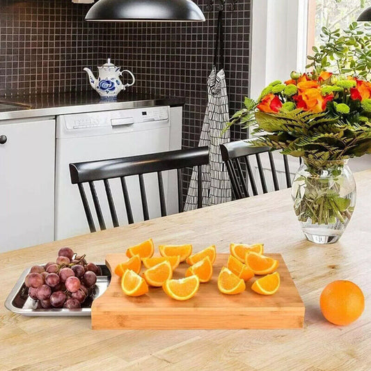 Bamboo Wooden Chopping Board with Sliding Stainless Steel Tray